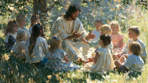 Jesus with children in an impressionist atmosphere in Impressionist style, landscape Christian artwork no. 10