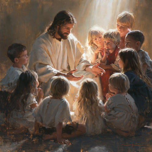 Jesus with children in a meditation on sacred innocence in Innocence as a Sacred Symbol style, square Christian artwork no. 1