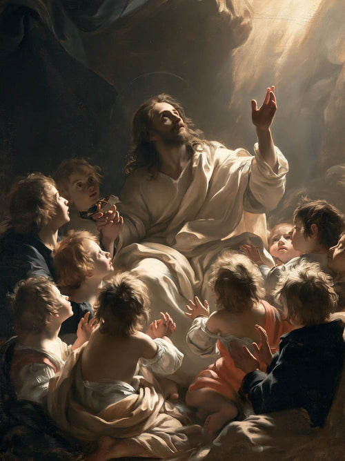 Jesus welcoming children in a theatrical Baroque scene in Theatrical Baroque style, portrait Christian artwork no. 4