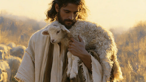 Jesus and the lamb in a cinematic biblical landscape in Biblical Cinema style, landscape Christian artwork no. 9