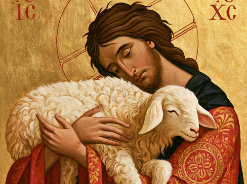 Jesus and the lamb in a contemporary Byzantine icon in Contemporary Byzantine style, landscape Christian artwork no. 3