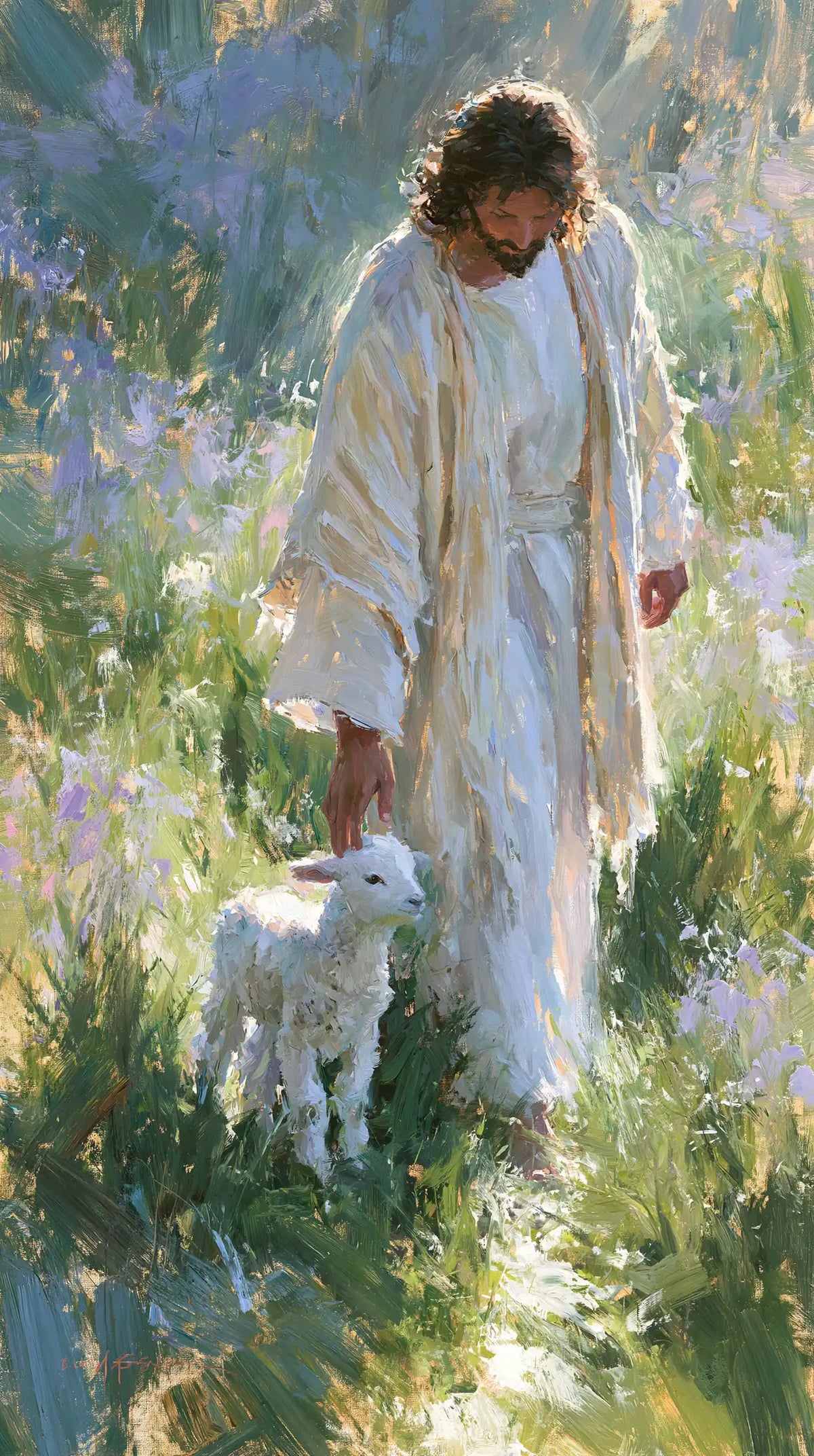 Jesus and the Lamb — The White Path Through Violet Flowers