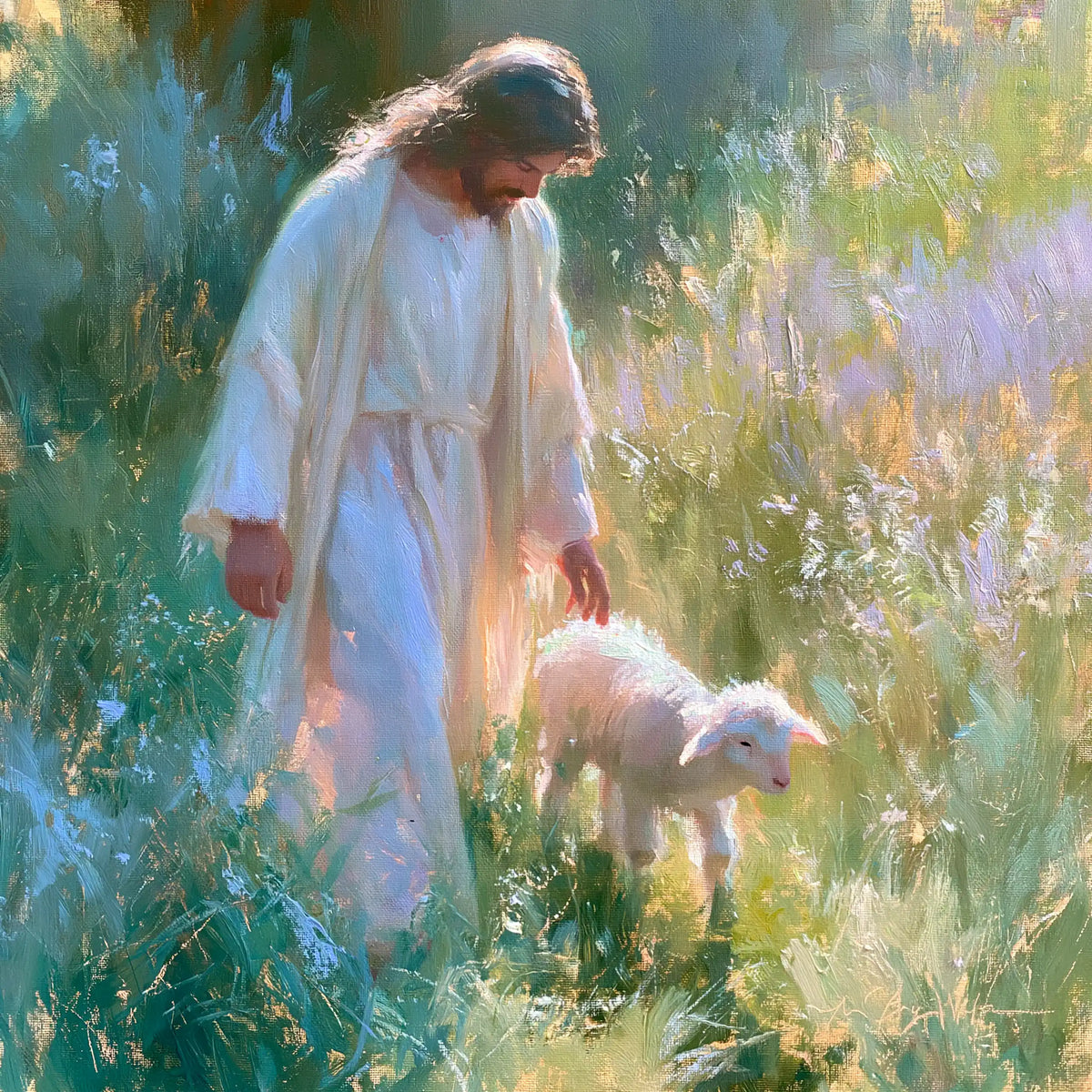 Jesus and the Lamb — Tenderness in Rose-Tinted Light