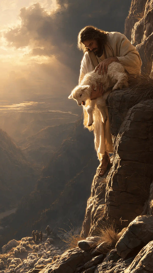Jesus saving a lamb from danger in Jesus Saving the Lamb style, portrait Christian artwork no. 3