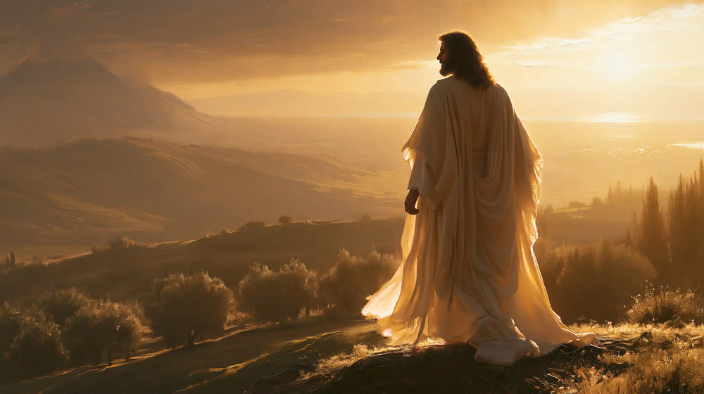 Jesus walking along a hillside at sunset in Sacred Silence style, landscape Christian artwork no. 5