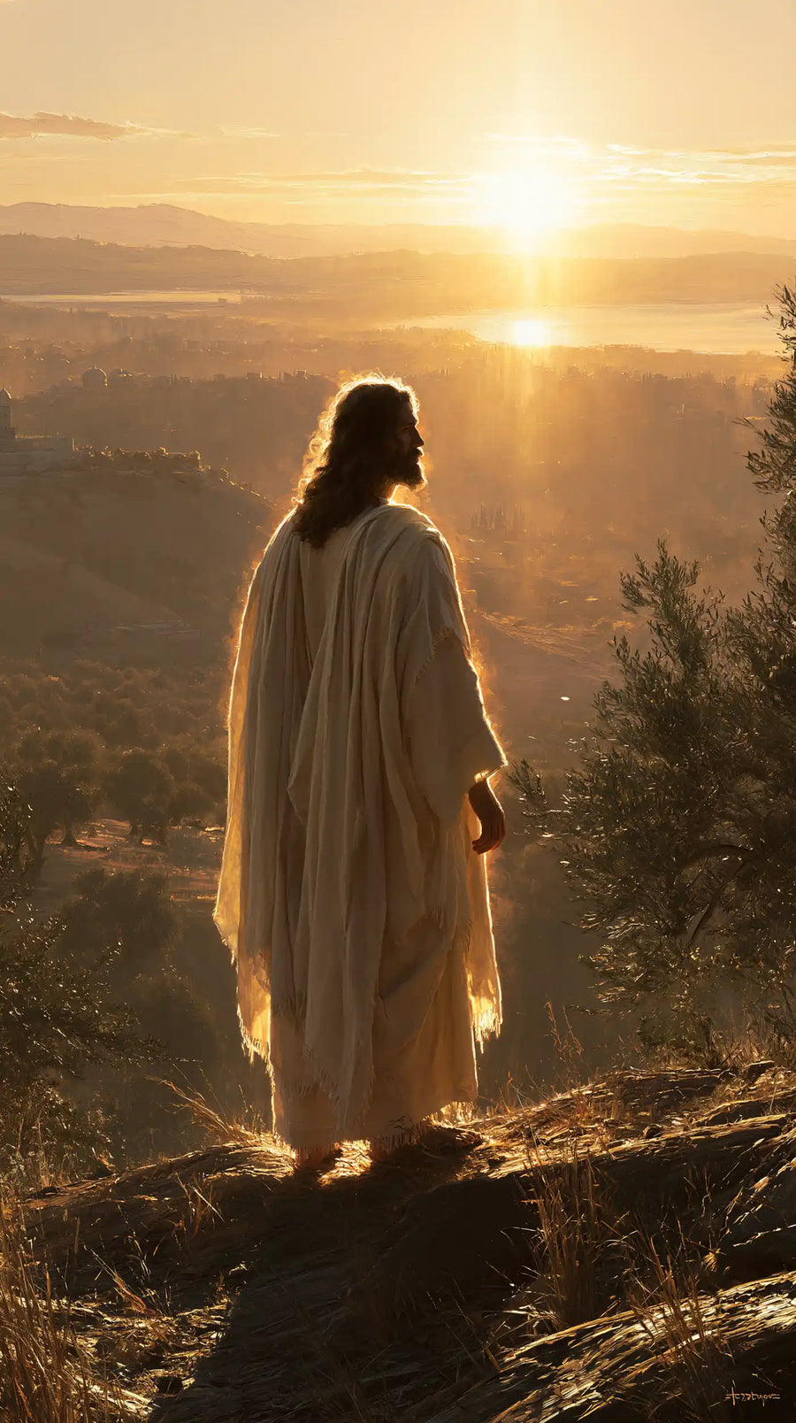 Jesus walking along a hillside at sunset in Sacred Silence style, portrait Christian artwork no. 9