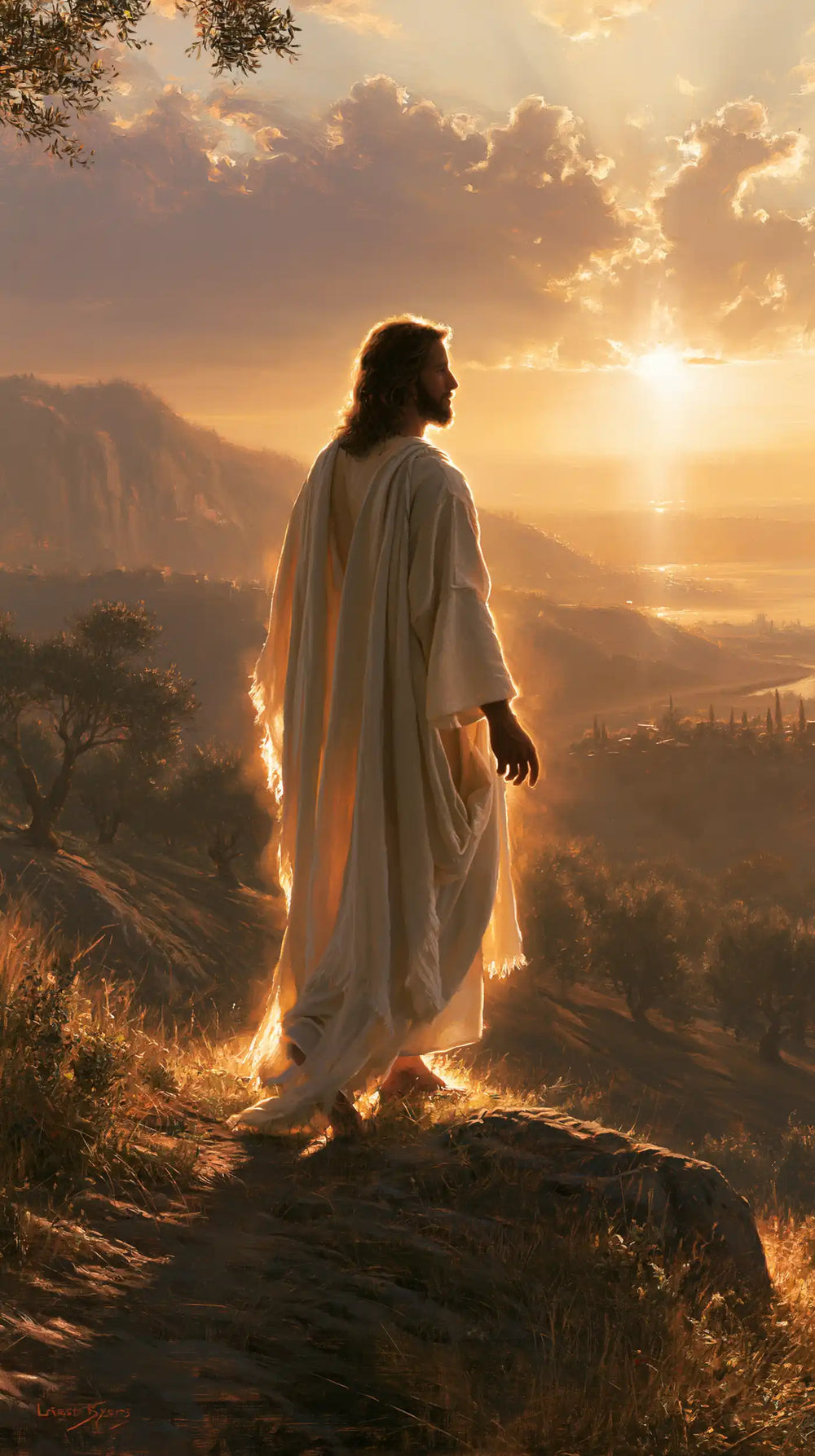Jesus walking along a hillside at sunset in Sacred Silence style, portrait Christian artwork no. 19