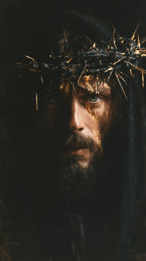 Jesus crowned with thorns in black and gold in Black and Gold style, portrait Christian artwork no. 6