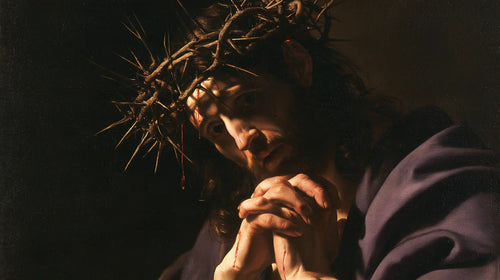 Jesus crowned with thorns in dramatic chiaroscuro in Caravaggio Tenebrism style, landscape Christian artwork no. 9