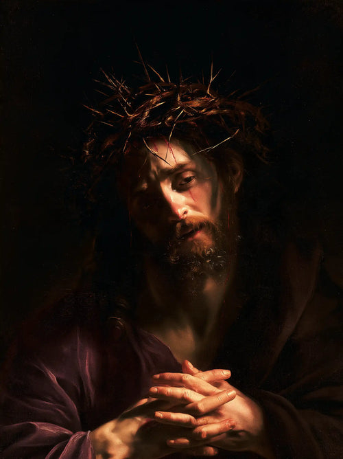 Jesus crowned with thorns in dramatic chiaroscuro in Caravaggio Tenebrism style, portrait Christian artwork no. 10