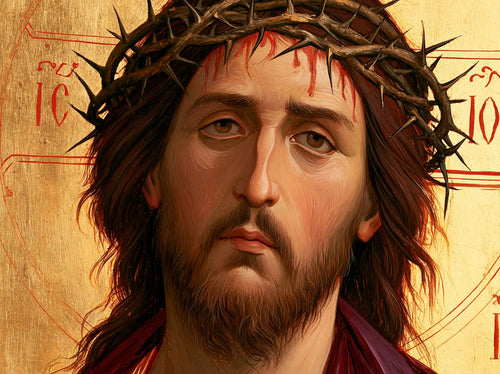 Jesus crowned with thorns in a contemporary Byzantine icon in Contemporary Byzantine style, landscape Christian artwork no. 6