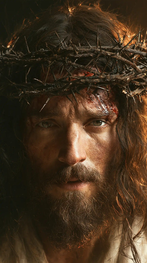 Jesus crowned with thorns as divine light in suffering in Jesus as Divine Light in Suffering style, portrait Christian artwork no. 8