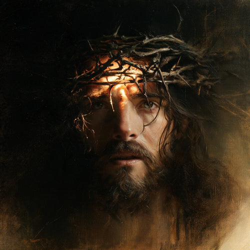 Jesus crowned with thorns as divine light in suffering in Jesus as Divine Light in Suffering style, square Christian artwork no. 6