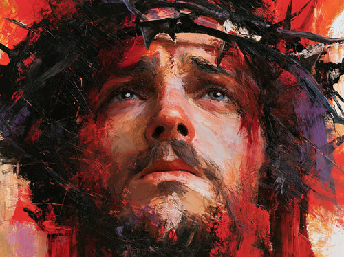 Jesus crowned with thorns in an expressionist composition in Expressionist style, landscape Christian artwork no. 5