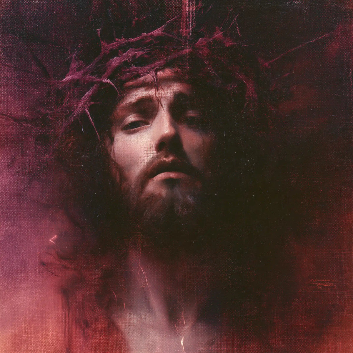 Jesus Crowned with Thorns — The Face Emerging from Pink Mist