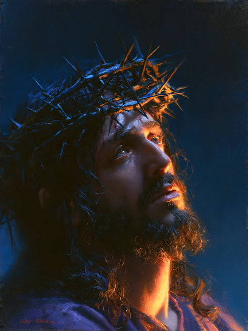 Jesus crowned with thorns in midnight blue chiaroscuro in Midnight Blue Chiaroscuro style, portrait Christian artwork no. 15