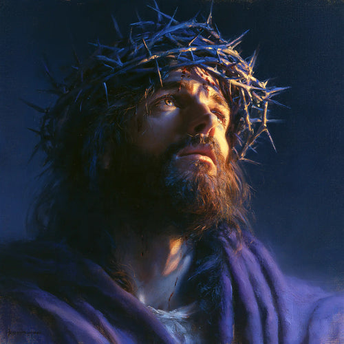 Jesus crowned with thorns in midnight blue chiaroscuro in Midnight Blue Chiaroscuro style, square Christian artwork no. 2