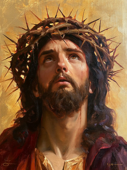 Jesus crowned with thorns in red, violet and gold in Crown of Thorns in Red, Violet and Gold style, portrait Christian artwork no. 7