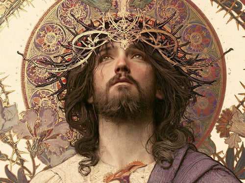 Jesus crowned with thorns framed by sacred Art Nouveau ornament in Sacred Art Nouveau style, landscape Christian artwork no. 3