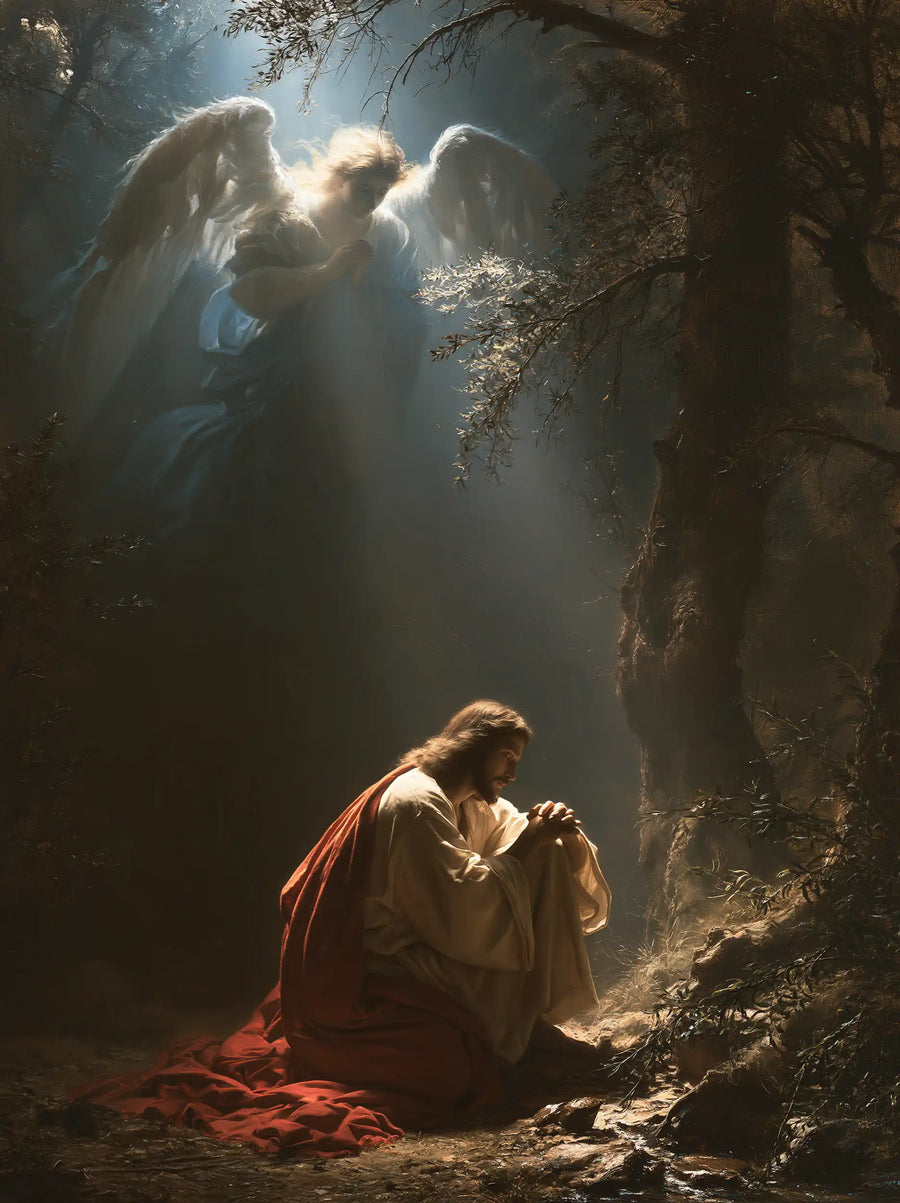 Jesus in Gethsemane — The Wing of Peace above Crimson