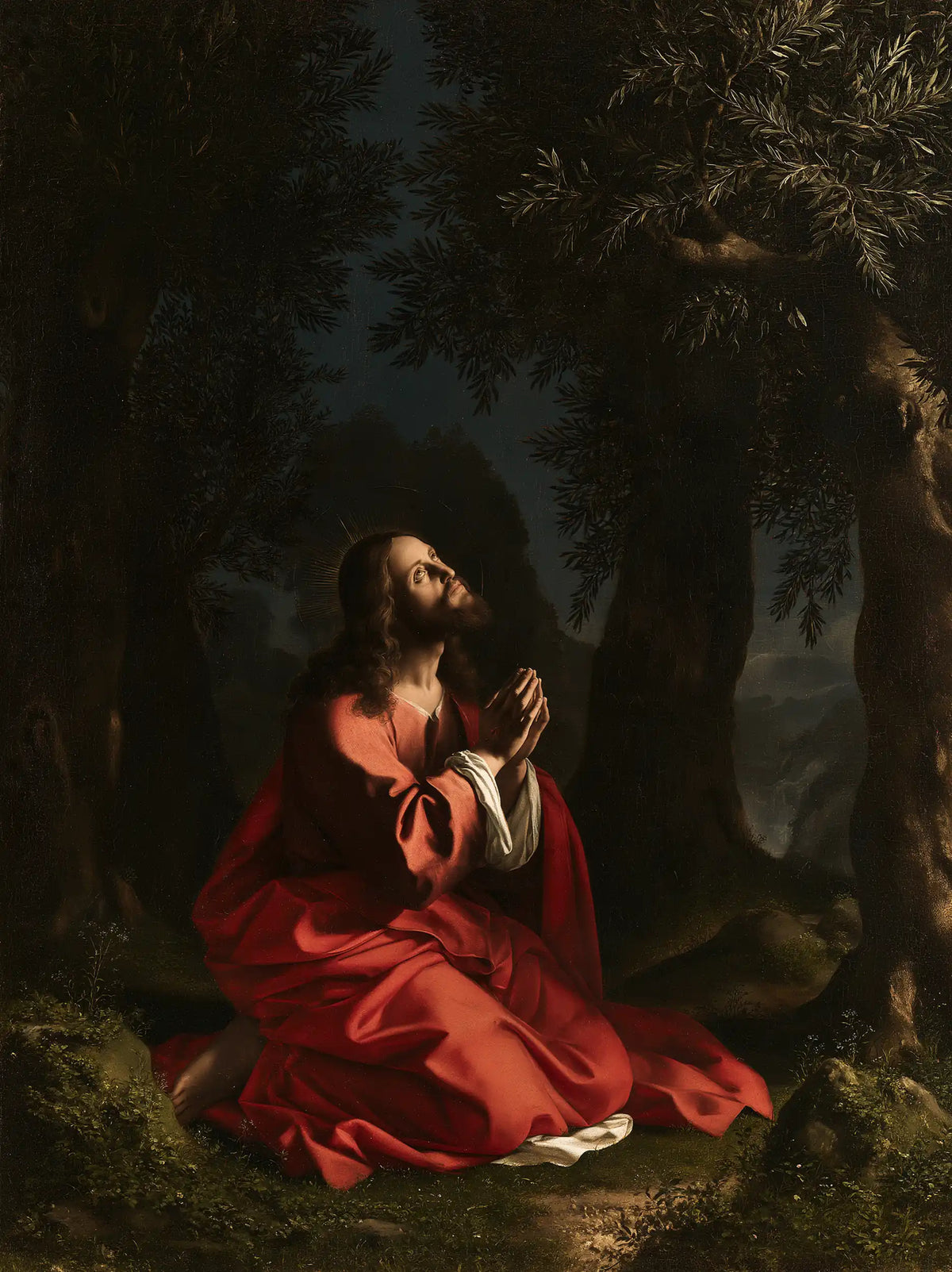 Jesus in Gethsemane — Light Held within Crimson