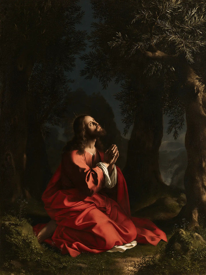 Jesus in Gethsemane — Light Held within Crimson