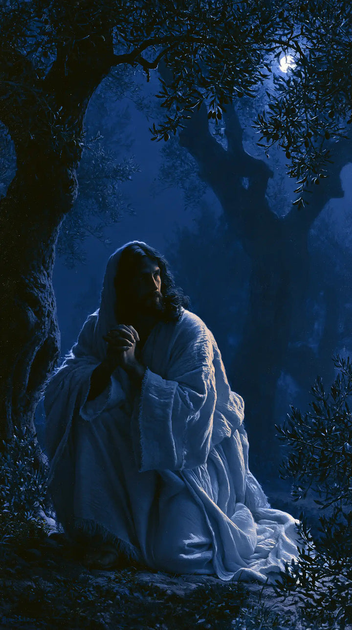 Jesus in Gethsemane — The White Veil beneath the Distant Moon