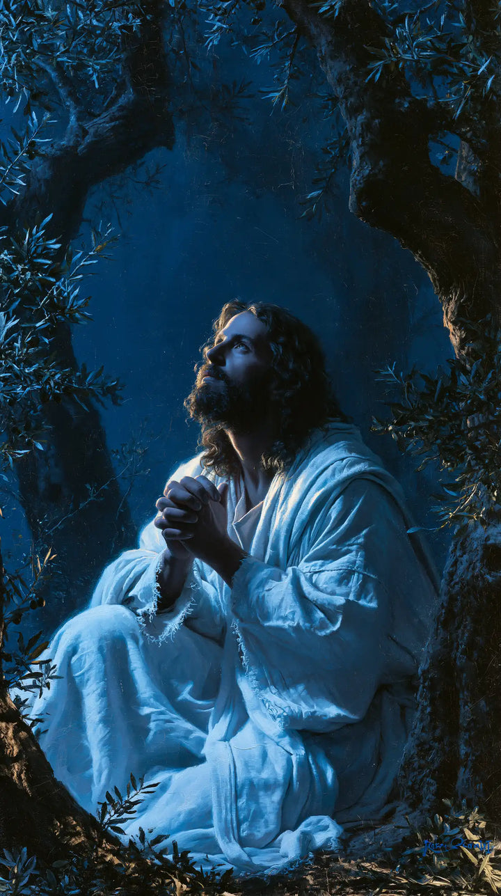 Jesus in Gethsemane — Prayer Bathed in Silver Blue