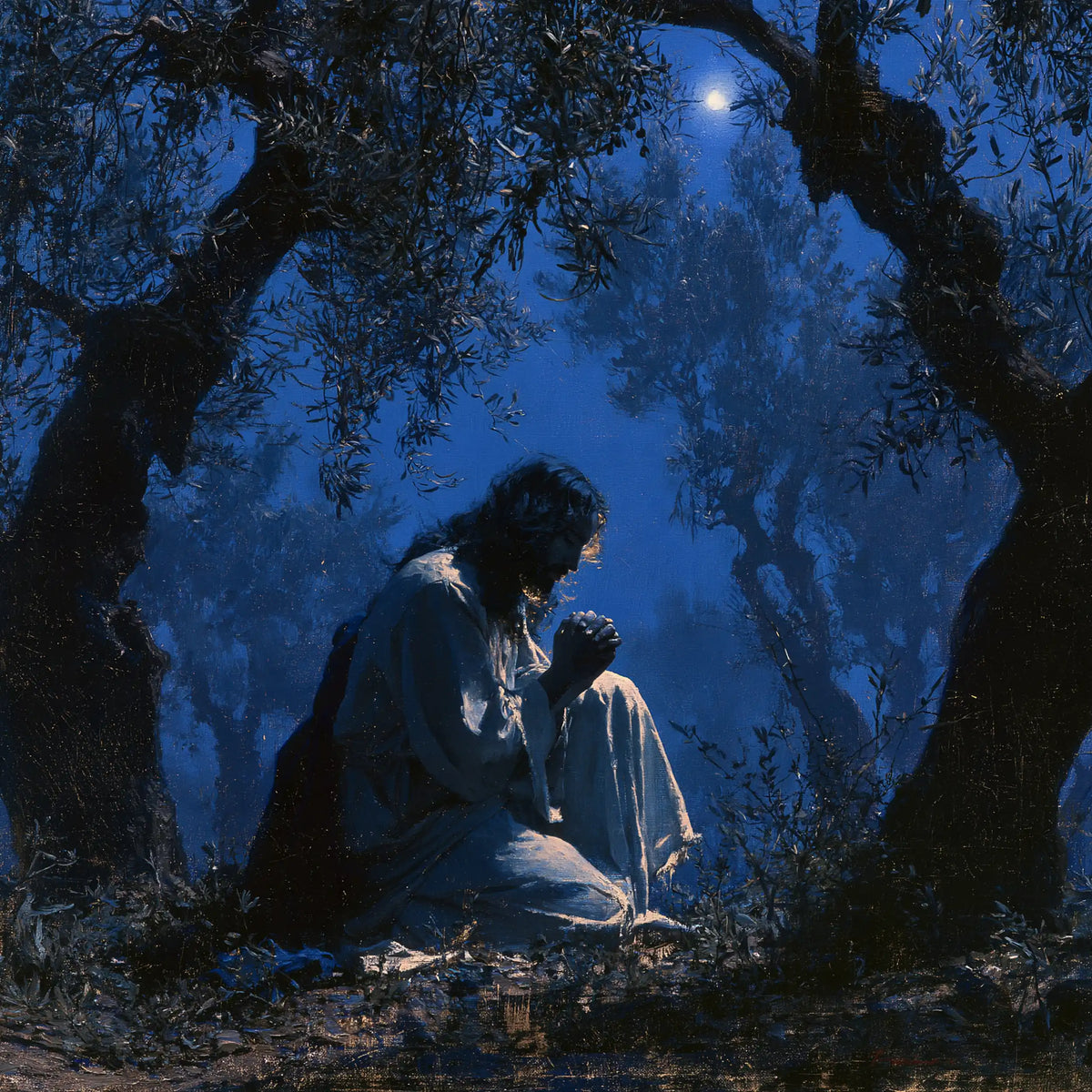 Jesus in Gethsemane — Silence beneath a Speck of Moon