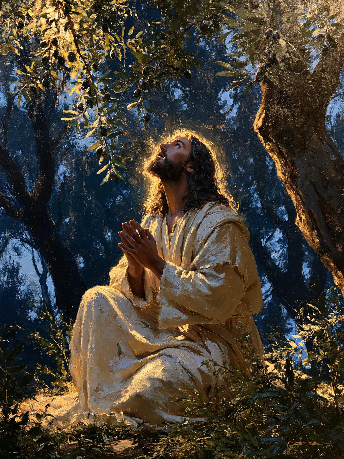 Jesus in Gethsemane — The Gaze beneath Golden Cascades