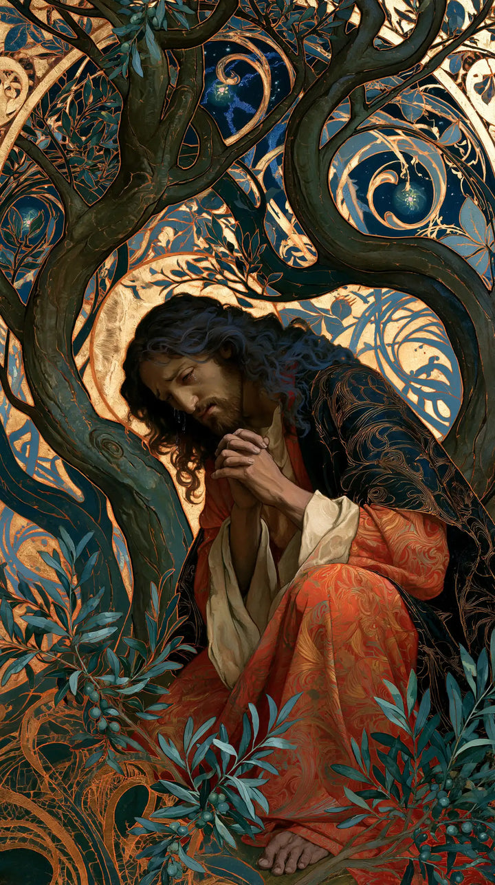 Jesus in Gethsemane — Reverence beneath Jade Spirals