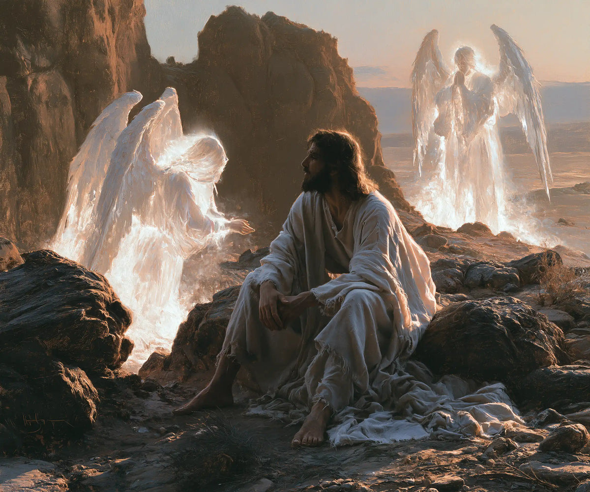 angels ministering to Jesus after the temptation in Angels After the Temptation style, landscape Christian artwork no. 6