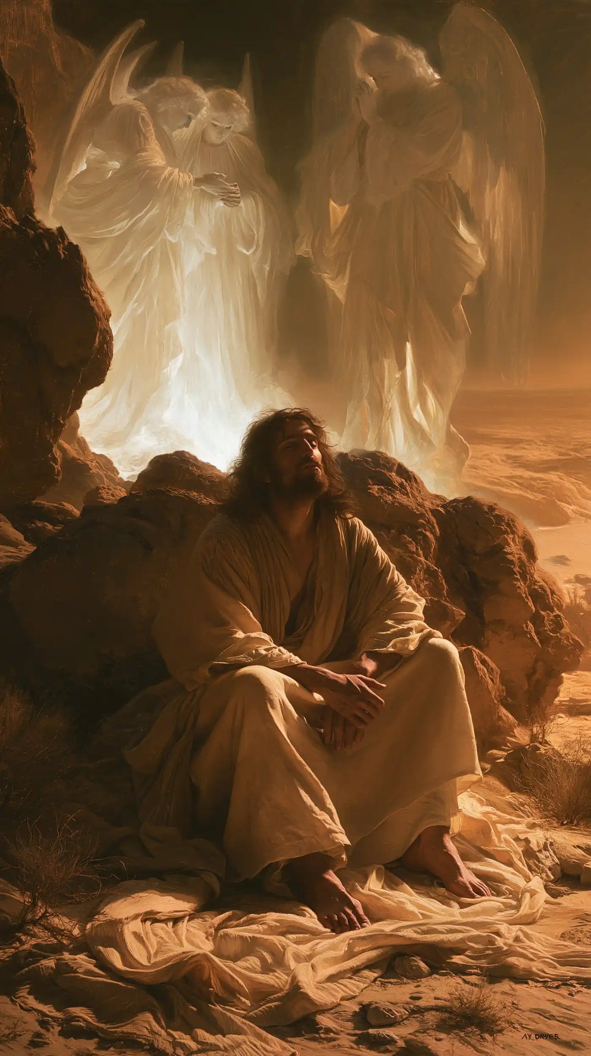angels ministering to Jesus after the temptation in Angels After the Temptation style, portrait Christian artwork no. 13