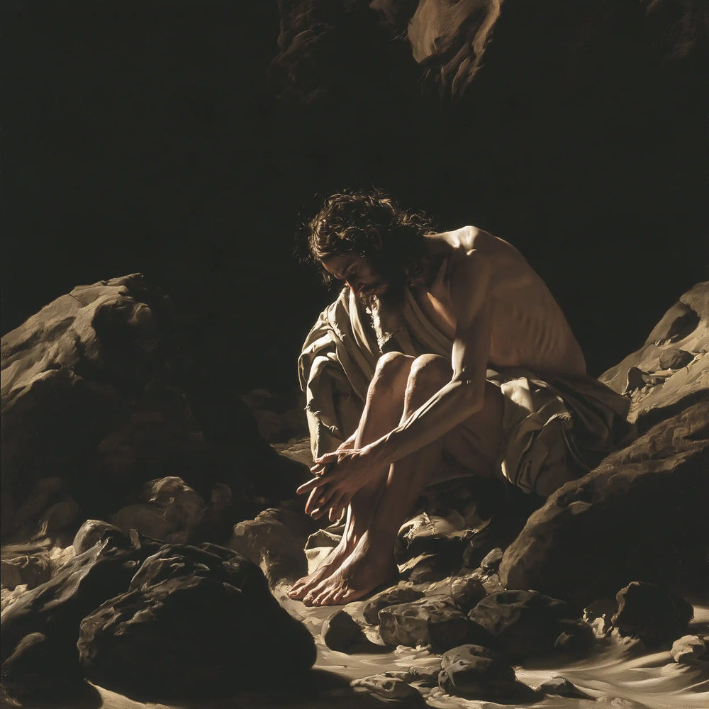 Jesus in the desert during the temptation in Caravaggio Tenebrism style, square Christian artwork no. 2