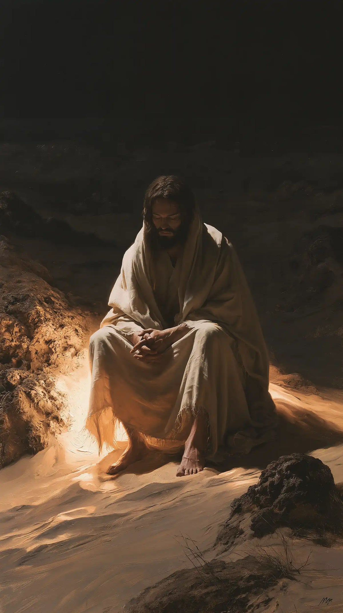 Christ appearing as divine light in the desert in Christ as Divine Light style, portrait Christian artwork no. 5