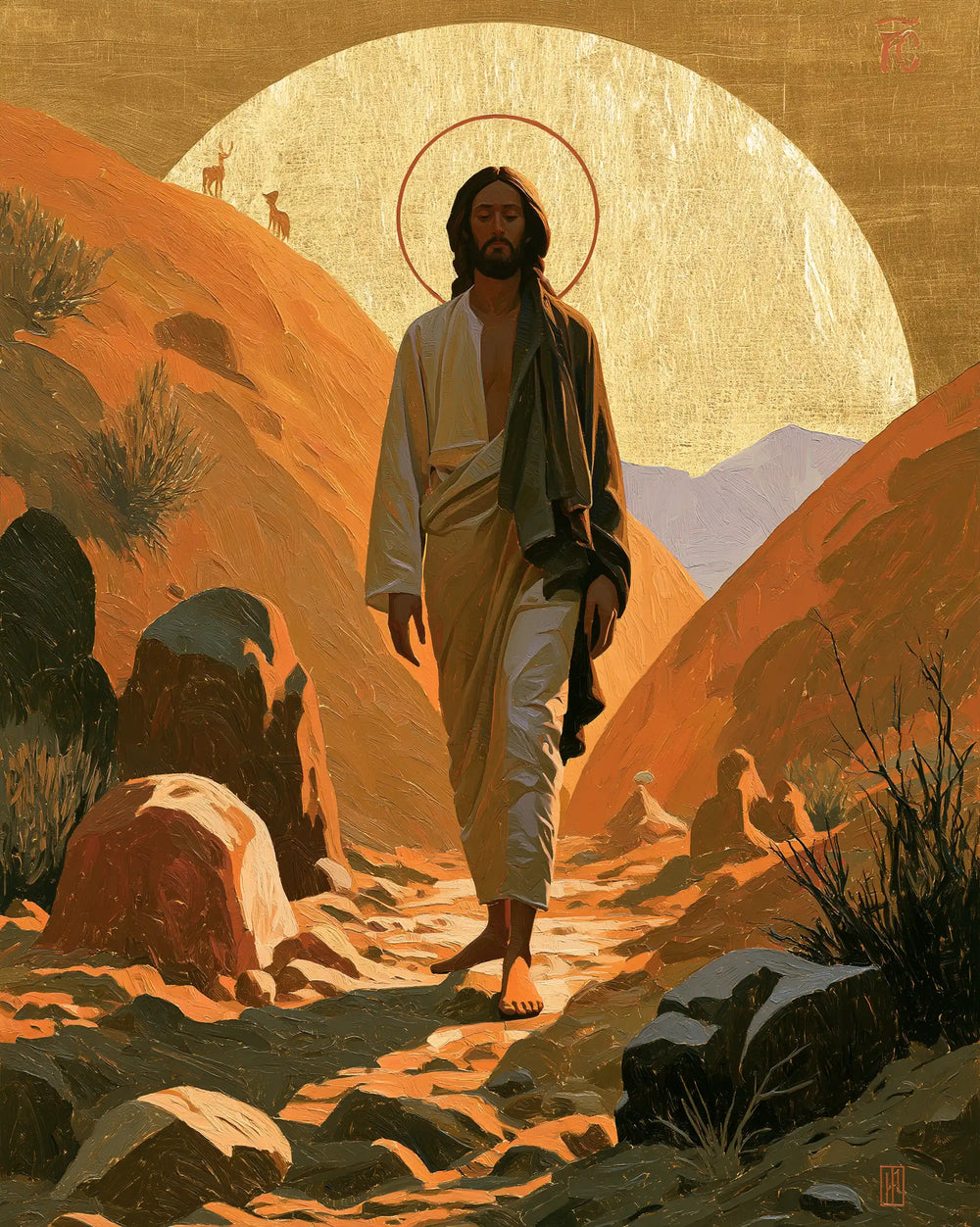 Jesus in the desert during the temptation in Contemporary Byzantine style, portrait Christian artwork no. 35