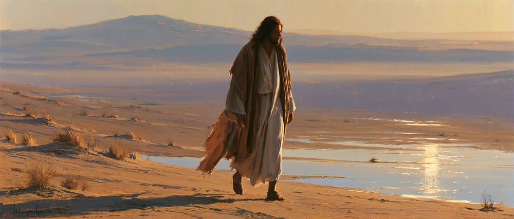 Jesus in the desert during the temptation in Impressionist style, landscape Christian artwork no. 18