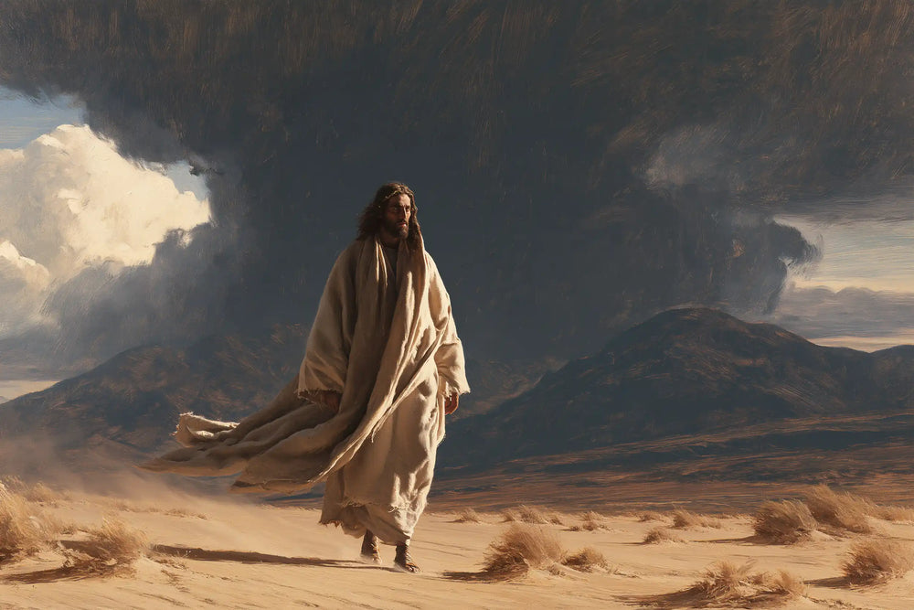 Jesus confronting an inner spiritual struggle in the desert in The Inner Struggle style, landscape Christian artwork no. 11