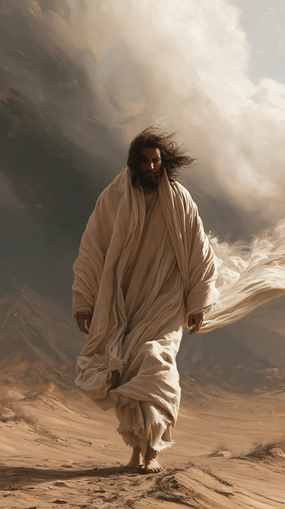Jesus confronting an inner spiritual struggle in the desert in The Inner Struggle style, portrait Christian artwork no. 19