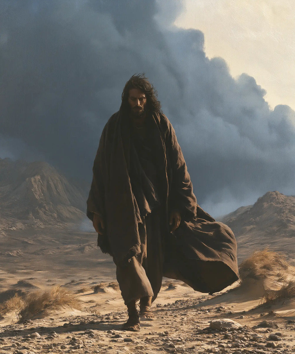 Jesus confronting an inner spiritual struggle in the desert in The Inner Struggle style, portrait Christian artwork no. 42