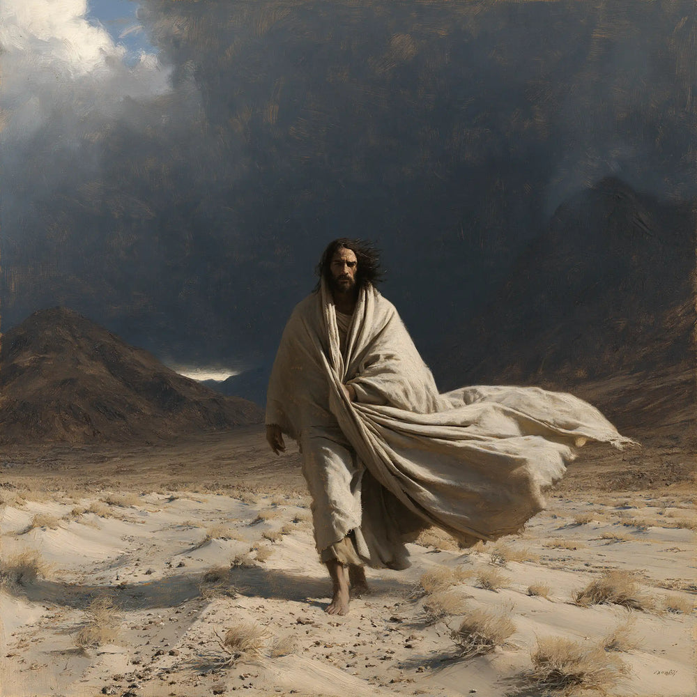 Jesus confronting an inner spiritual struggle in the desert in The Inner Struggle style, square Christian artwork no. 3
