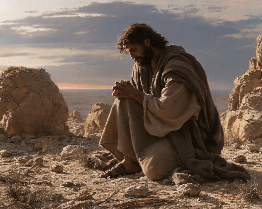 Jesus praying alone in the desert in Jesus in Prayer style, landscape Christian artwork no. 7