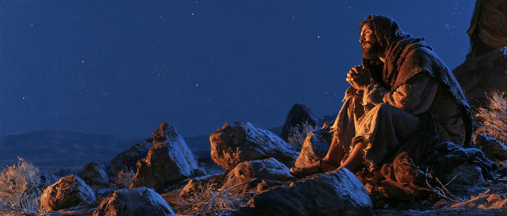 Jesus in the desert during the temptation in Midnight Blue Chiaroscuro style, landscape Christian artwork no. 24
