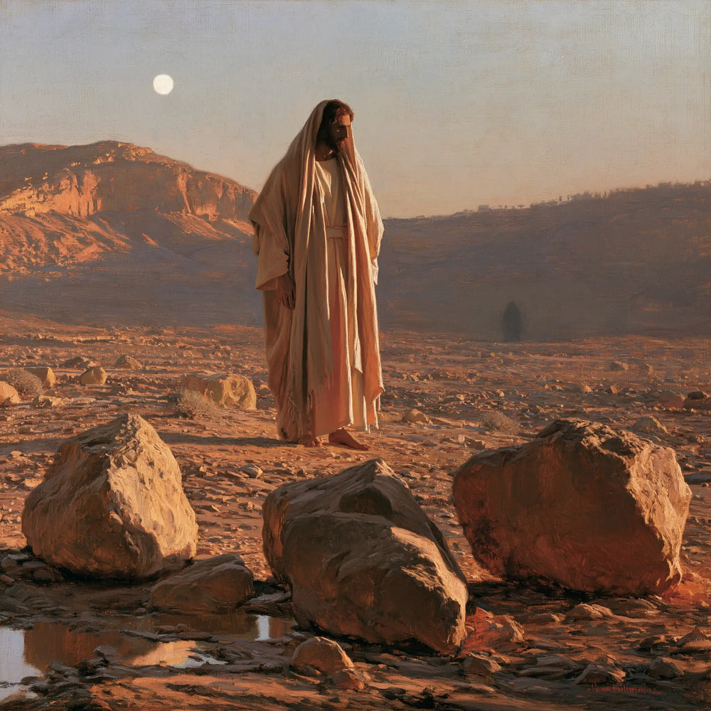 Jesus facing the temptation to turn stones into bread in The Stones of Temptation style, square Christian artwork no. 3