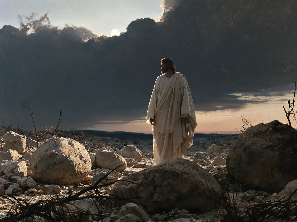 Jesus in the Desert — Ivory Folds before the Rose-Tinted Evening