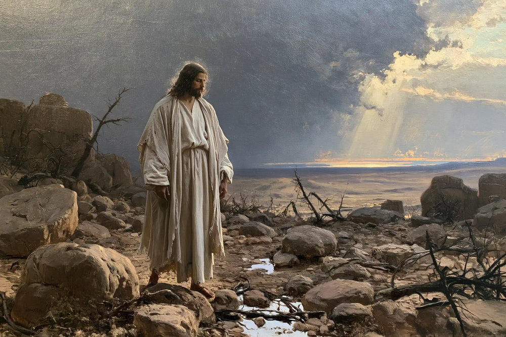 Jesus in the desert during the temptation in Symbolist style, landscape Christian artwork no. 15