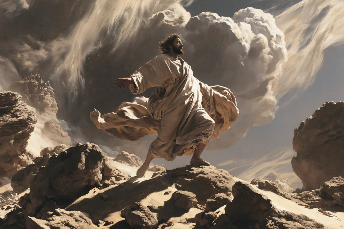 Jesus in the desert during the temptation in Theatrical Baroque style, landscape Christian artwork no. 13
