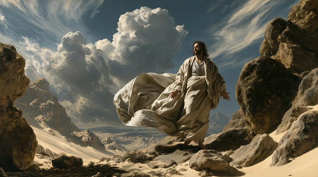Jesus in the Desert — The Wave of Linen between the Brown Rocks