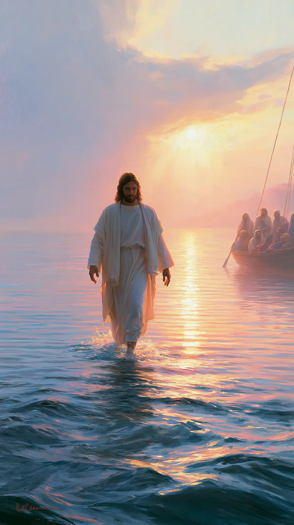Jesus walking on water in Impressionist style, portrait Christian artwork no. 33