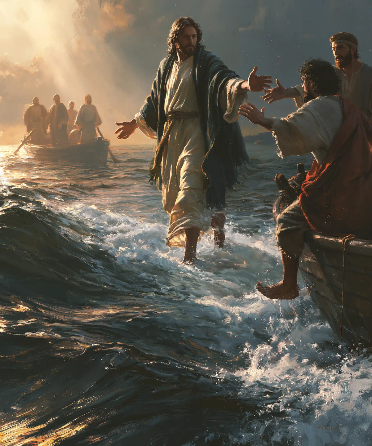 Jesus walking on water and calling Peter in Jesus Calls Peter style, portrait Christian artwork no. 16